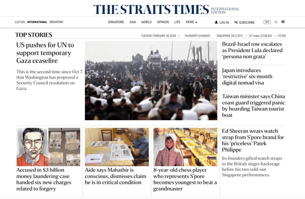 The Straits Timesのトップページ