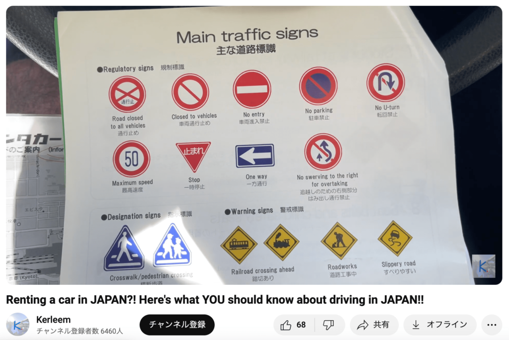 日本のレンタカー会社からもらった資料
